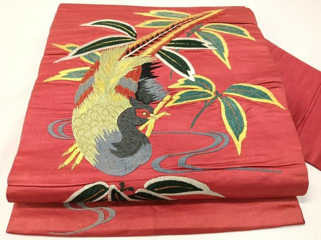 平和屋着物●アンティーク 大正ロマン 総手刺繍 九寸名古屋帯 尾長鳥 正絹 逸品 CABG7798vp