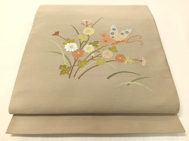 平和屋着物●爪掻き本綴れ 八寸名古屋帯 花蝶文 金糸 正絹 逸品 CABG7817vp
