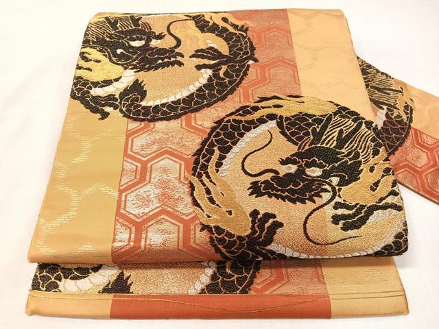 平和屋着物●アンティーク 大正ロマン 九寸名古屋帯 雲龍 金糸 正絹 逸品 CABG7826vp