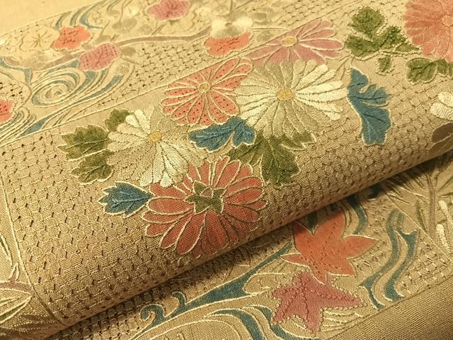 平和屋着物●中国三大刺繍 スワトウ相良刺繍 総刺繍 太鼓柄袋帯 紬地 横段花文 正絹 逸品 CABG7837vp