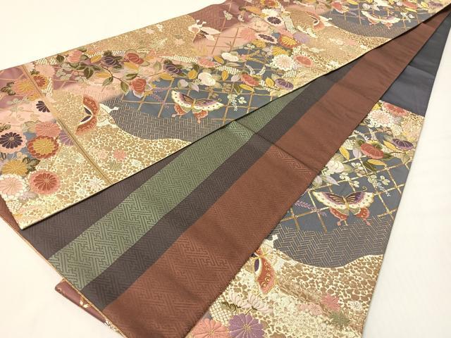 平和屋着物●両面 六通柄袋帯 唐織 花蝶文 金糸 正絹 逸品 CABG7839vp