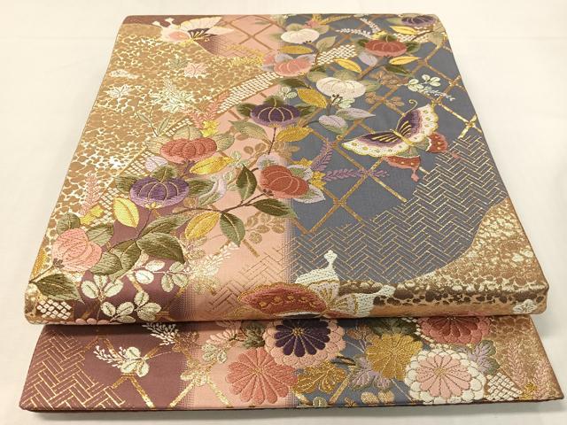 平和屋着物●両面 六通柄袋帯 唐織 花蝶文 金糸 正絹 逸品 CABG7839vp