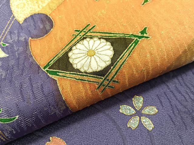 平和屋着物●両面 太鼓柄袋帯 流水雪輪花文 銀通し地 正絹 逸品 未使用 CABG7845vp
