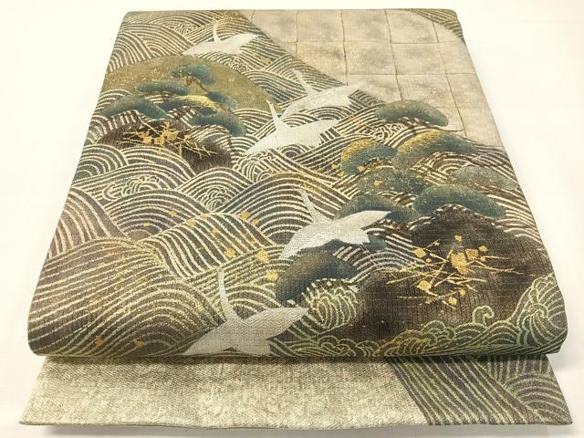 平和屋着物●太鼓柄袋帯 刺繍 飛鶴浜松文 金銀彩 正絹 逸品 CABG7852vp