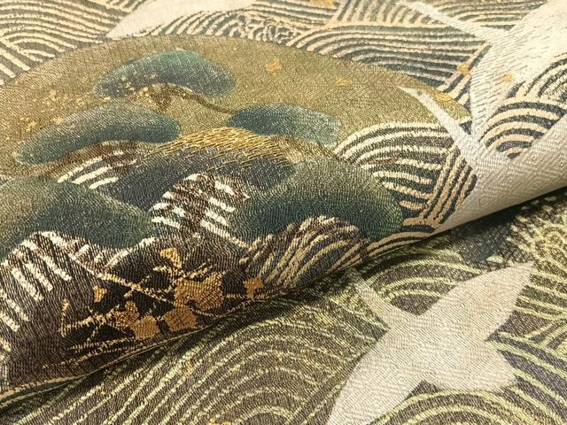 平和屋着物●太鼓柄袋帯 刺繍 飛鶴浜松文 金銀彩 正絹 逸品 CABG7852vp