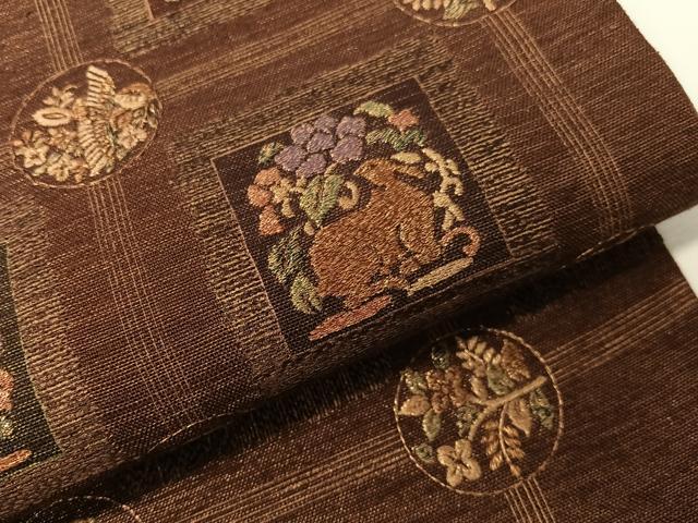 平和屋着物●太鼓柄袋帯 刺繍 紬地 動物更紗吉祥文 金糸 正絹 逸品 CABG7869vp