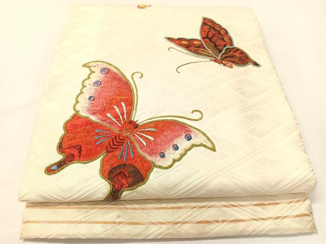 平和屋着物●アンティーク 大正ロマン 総刺繍 手刺繍 駒刺繍 太鼓柄京袋帯 舞蝶文 金糸 正絹 逸品 CABG7882vp