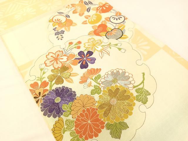 平和屋着物●アンティーク 大正ロマン 丸帯 刺繍 雪輪花文 金銀糸 引き抜き帯 正絹 逸品 CABG7883vp
