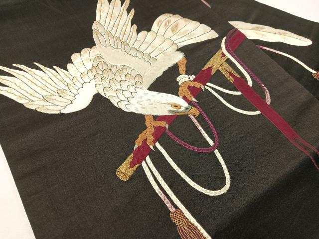 平和屋着物●アンティーク 大正ロマン 総手刺繍 九寸名古屋帯 鷹 黒地 金糸 正絹 逸品 CABG7885vp