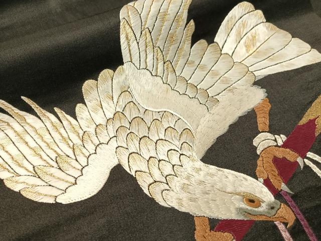 平和屋着物●アンティーク 大正ロマン 総手刺繍 九寸名古屋帯 鷹 黒地 金糸 正絹 逸品 CABG7885vp