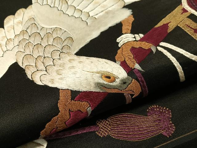 平和屋着物●アンティーク 大正ロマン 総手刺繍 九寸名古屋帯 鷹 黒地 金糸 正絹 逸品 CABG7885vp