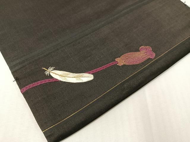 平和屋着物●アンティーク 大正ロマン 総手刺繍 九寸名古屋帯 鷹 黒地 金糸 正絹 逸品 CABG7885vp