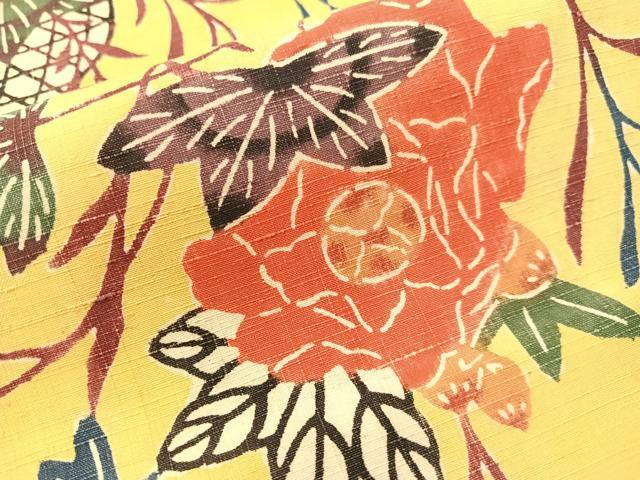 平和屋着物●九寸開き名古屋帯 紬地 紅型 花篭鳥文 正絹 逸品 CABG7902vp
