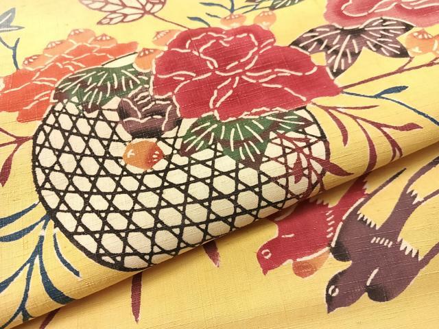 平和屋着物●九寸開き名古屋帯 紬地 紅型 花篭鳥文 正絹 逸品 CABG7902vp