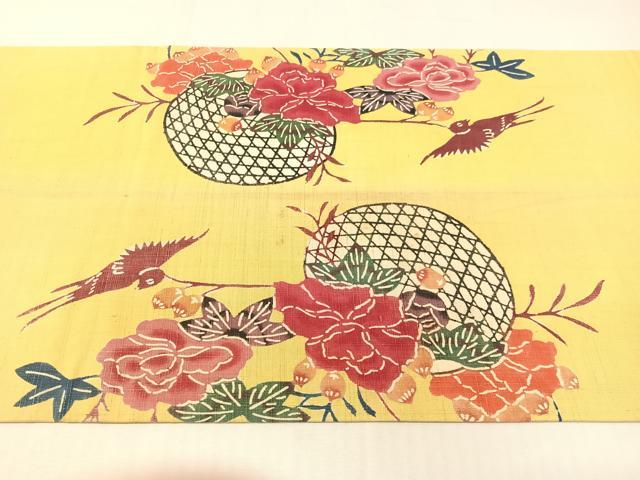 平和屋着物●九寸開き名古屋帯 紬地 紅型 花篭鳥文 正絹 逸品 CABG7902vp