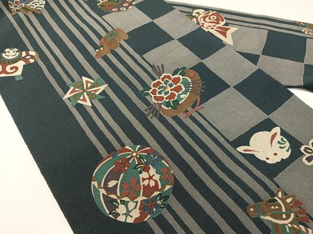 平和屋着物●全通柄 九寸名古屋帯 市松玩具文 鬼しぼ縮緬 正絹 逸品 CABG7908vp