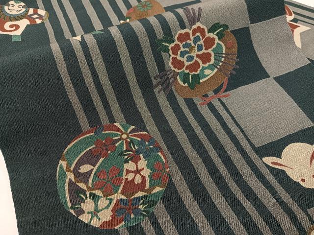 平和屋着物●全通柄 九寸名古屋帯 市松玩具文 鬼しぼ縮緬 正絹 逸品 CABG7908vp