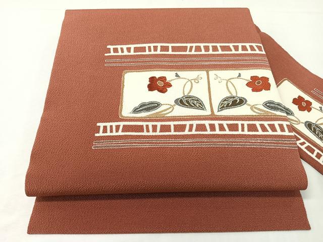 平和屋着物●九寸名古屋帯 刺繍 草花文 鬼しぼ縮緬 正絹 逸品 CABG7910vp