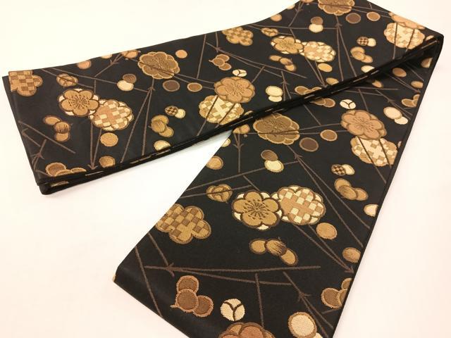平和屋着物●半幅帯 梅松葉 黒地 正絹 逸品 CABG7913vp