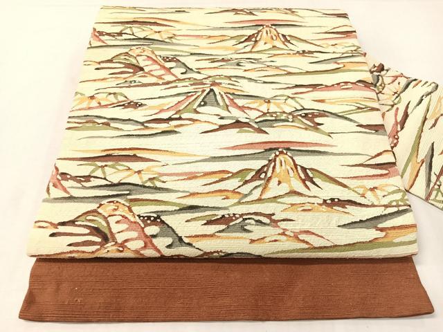 平和屋着物●九寸名古屋帯 紬地 型染め 重ね山文 正絹 逸品 CABG7919vp