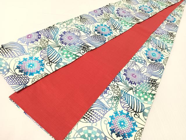 平和屋着物●両面 半幅帯 型染め 草花文 正絹 逸品 未使用 CABG7952vp