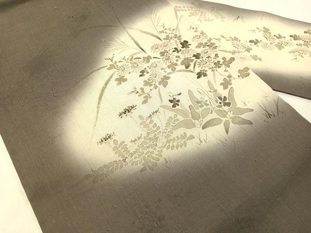 平和屋着物●九寸名古屋帯 手描き 紬地 草花文 正絹 逸品 CABG7973vp