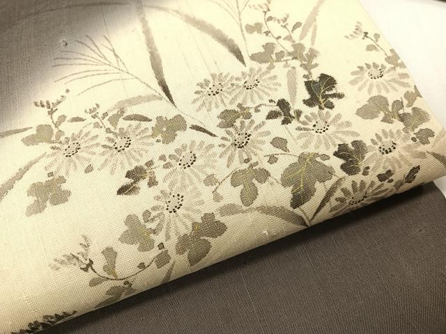 平和屋着物●九寸名古屋帯 手描き 紬地 草花文 正絹 逸品 CABG7973vp