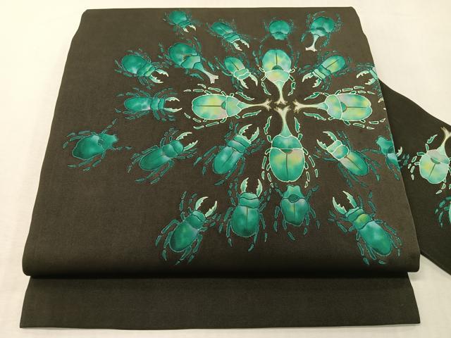 平和屋着物●塩瀬 九寸名古屋帯 カブトムシ クワガタムシ 黒地 金彩 正絹 逸品 CABG7974vp