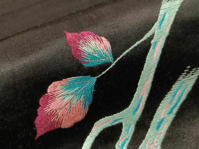 平和屋着物●アンティーク 大正ロマン 総手刺繍 九寸名古屋帯 休み鳥 黒地 金銀糸 正絹 逸品 CABG7975vp