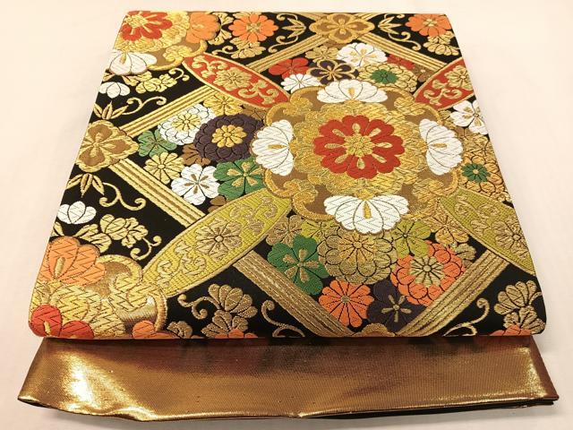 平和屋着物●西陣 ふくい謹製 六通柄袋帯 唐織錦 花天井文 黒地 金糸 日本製 紙箱・証紙付き 正絹 逸品 未使用 CABG7979vp