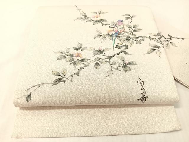 平和屋着物●九寸名古屋帯 作家物 手描き 休み鳥 鬼しぼ縮緬 正絹 逸品 未使用 CABG7981vp