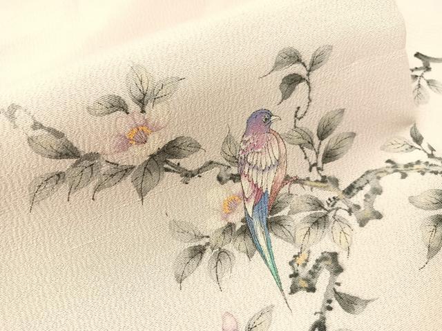 平和屋着物●九寸名古屋帯 作家物 手描き 休み鳥 鬼しぼ縮緬 正絹 逸品 未使用 CABG7981vp