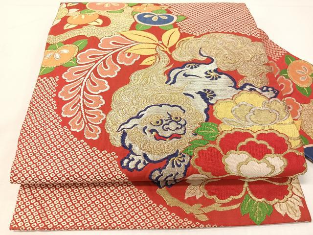 平和屋着物●アンティーク 大正ロマン 九寸名古屋帯 狛犬 金銀糸 正絹 逸品 CABG7984vp