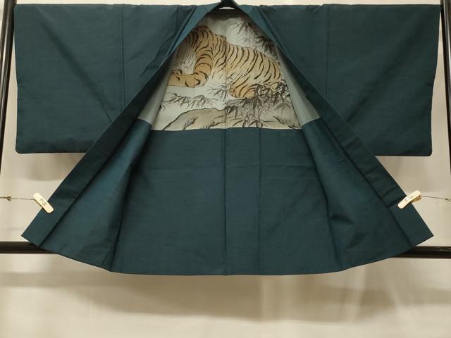 平和屋着物#男性 羽織 紬地 高麗納戸色 羽裏:虎 正絹 逸品 CABG8015in