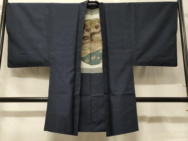 平和屋着物#男性 長羽織 紬地 藍鉄色 正絹 逸品 CABG8021in