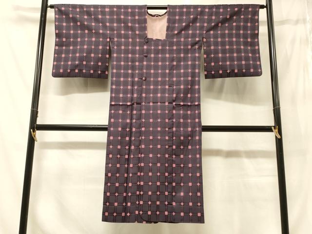 平和屋着物#道行コート 雨コート 単衣 格子柄 ロング丈 正絹 逸品 CABG8035in