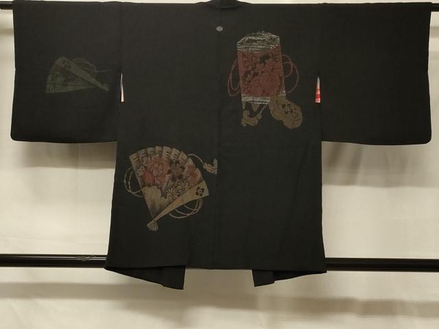 平和屋着物#羽織 寿光織 檜扇貝桶花文 黒地 銀糸 正絹 逸品 CABG8061in