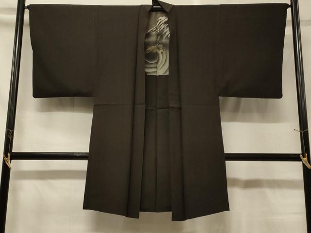 平和屋着物#男性 紬 長羽織 羽裏:富士山・龍 黒地 正絹 逸品 CABG8076in