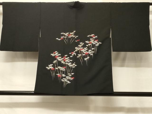 平和屋着物#羽織 総刺繍 笹竹文 黒地 金銀糸 正絹 逸品 CABG8087in