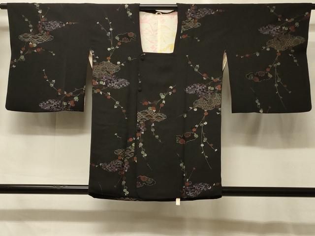 平和屋着物#道行コート 寿光織 雲取り枝垂れ花文 黒地 銀糸 正絹 逸品 CABG8116in
