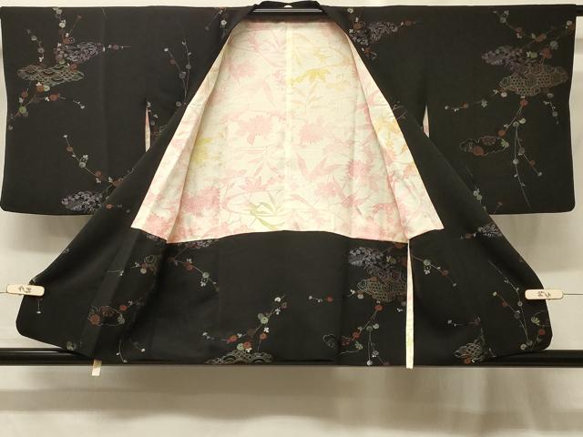 平和屋着物#道行コート 寿光織 雲取り枝垂れ花文 黒地 銀糸 正絹 逸品 CABG8116in