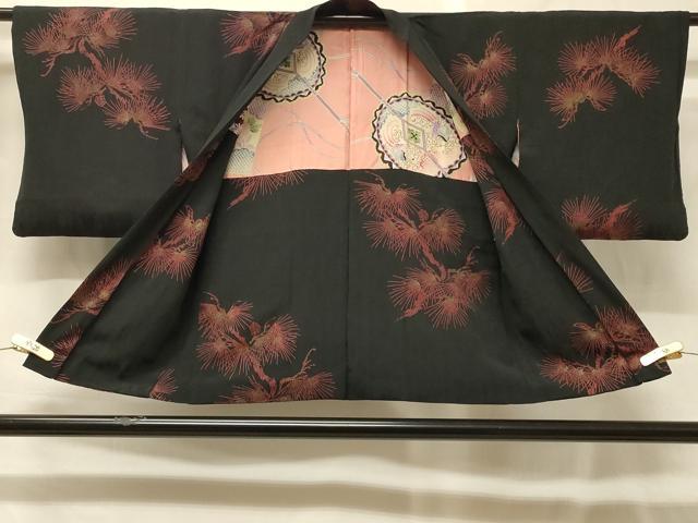 平和屋着物#羽織 枝松葉文 黒地 金彩 正絹 逸品 CABG8174in