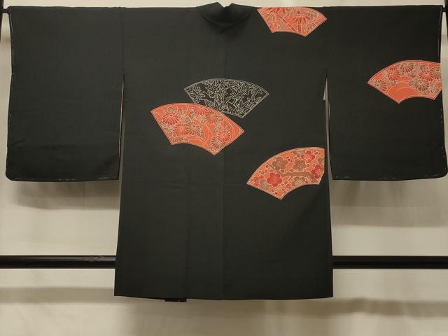 平和屋着物#中国三大刺繍 相良刺繍 羽織 地紙草花文 黒地 正絹 逸品 未使用 CABG8224in