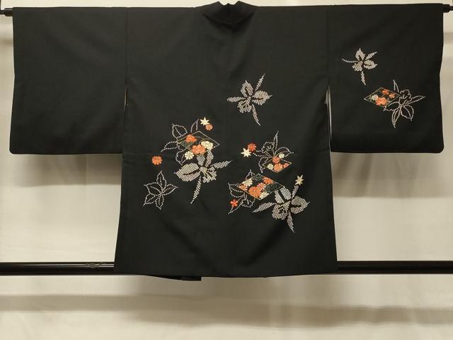 平和屋着物#羽織 刺繍 花菱文 黒地 金糸 正絹 逸品 CABG8226in