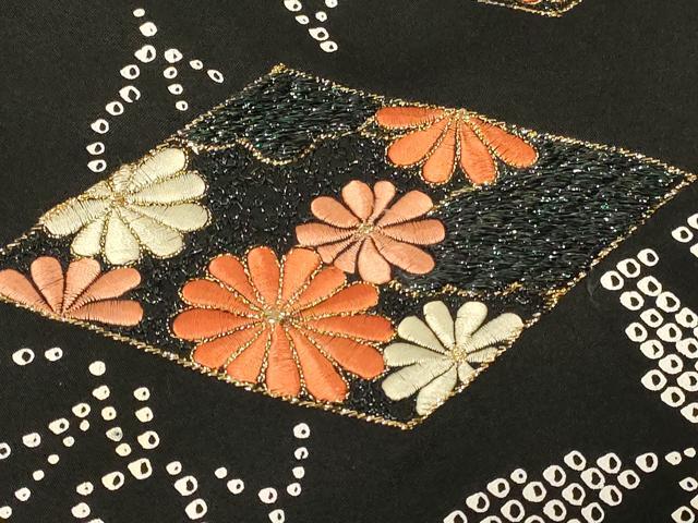 平和屋着物#羽織 刺繍 花菱文 黒地 金糸 正絹 逸品 CABG8226in