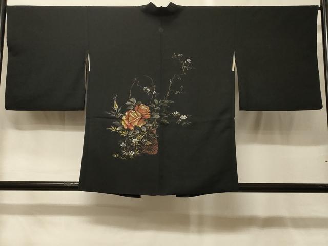 平和屋着物#羽織 寿光織 花籠文 薔薇 バラ 黒地 金銀糸 正絹 逸品 CABG8252in