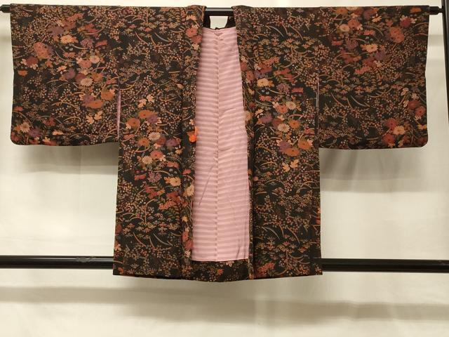 平和屋着物#羽織 草花文 黒地 鬼しぼ縮緬 正絹 逸品 CABG8256in