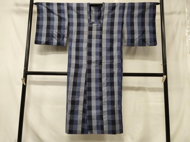 平和屋着物#道行コート お召地 単衣 チェック柄 ロング丈 正絹 逸品 CABG8291in