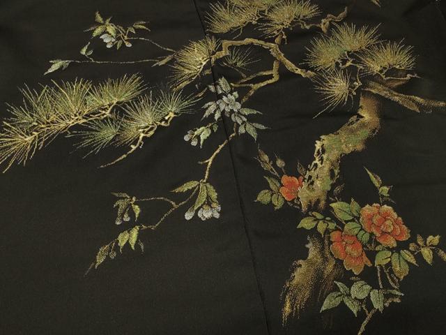 平和屋着物#羽織 寿光織 枝松花文 黒地 金糸 正絹 逸品 CABG8344in
