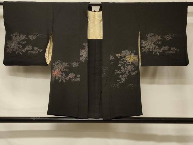 平和屋着物#羽織 寿光織 草花文 黒地 金糸 正絹 逸品 CABG8364in